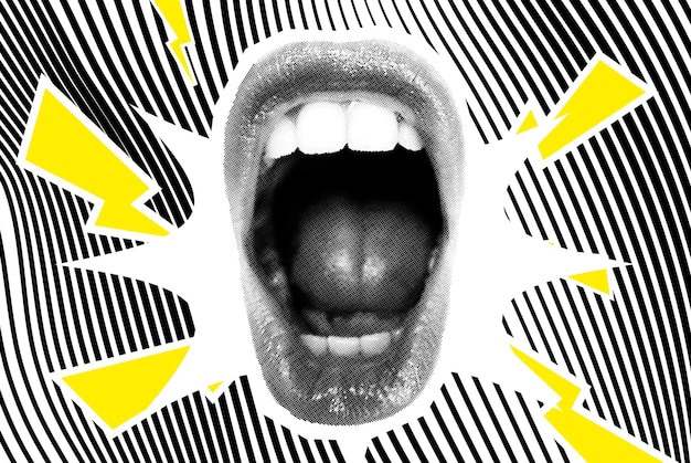 Open Screaming Mouth On A Striped Background Bright vector collage with universal graphic Elements Geometric Shapes Dotted Halftone Object for your design