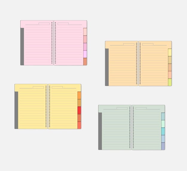 Open spiral notebook with color pages and tab dividers mockup set Wire bound notepad with bookmarks