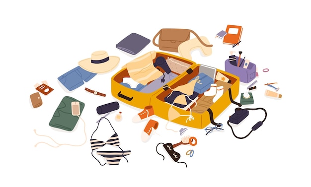 Open suitcase with scattered female travel accessories, clothes and documents vector flat illustration. Composition of preparation to trip or summer vacation isolated. Luggage or baggage packing.