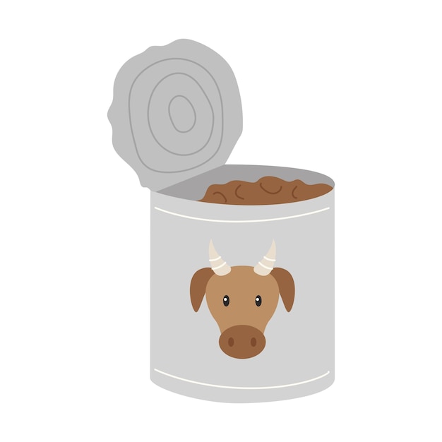 An open tin can with beef stew Food dry rations for field conditions camping hiking traveling Flat vector illustration isolated on a white background