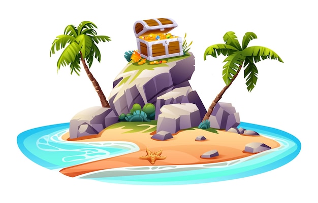 Vector open treasure chest on rocks with palm trees on a desert island cartoon vector illustration