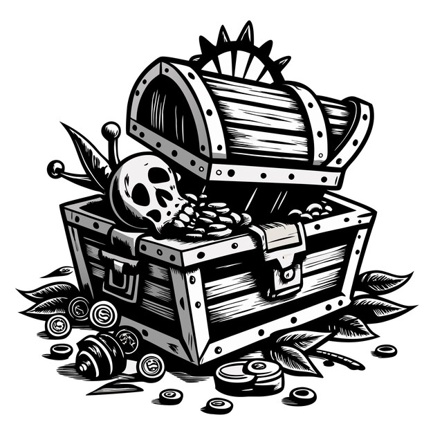 Vector open treasure chest with coins skull and leaves in a black and white illustration