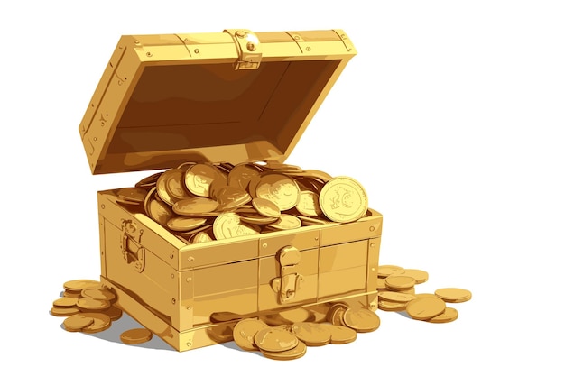 Open treasure chest with gold coins isolated on white