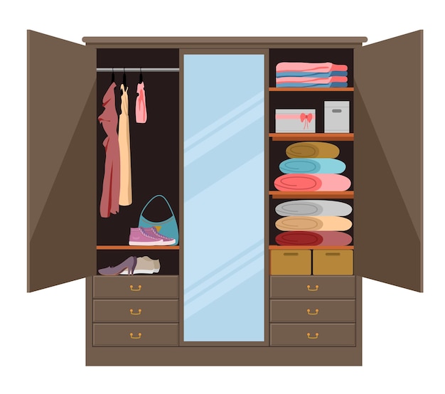 Open wardrobe wooden wardrobe inside closet stand fashion shoes standing and shelf for hats flat