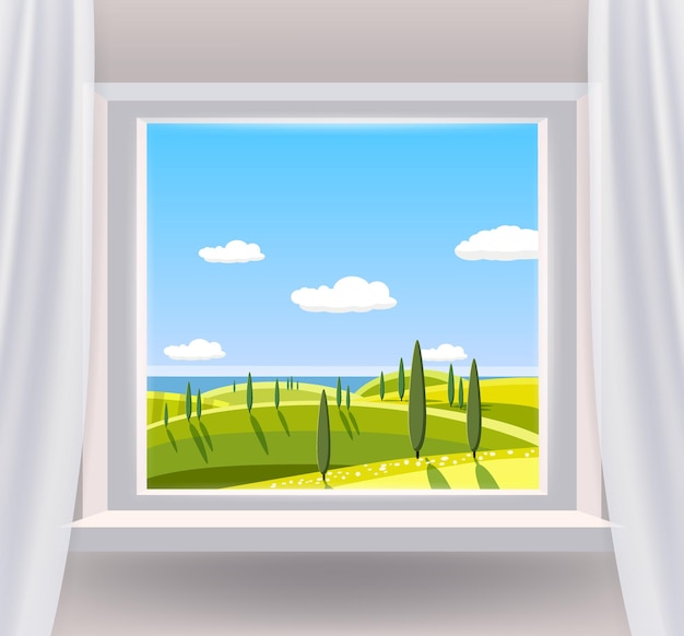 Vector open window interior home with a rural landscape view nature country spring summer landscape