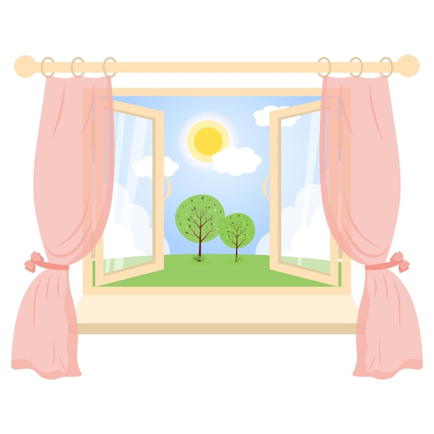 Open window with pink curtains sunny day scene view Landscape from the window