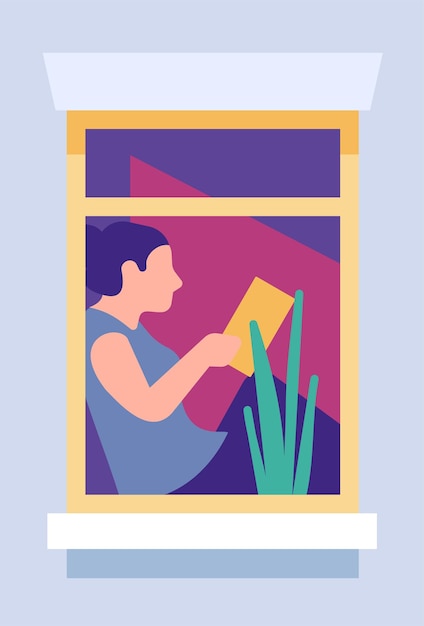 Open windows with people Neighbors house Mansion facade Apartment leisure Stay home Residential building exterior Man sitting on windowsill Person reading book Vector illustration