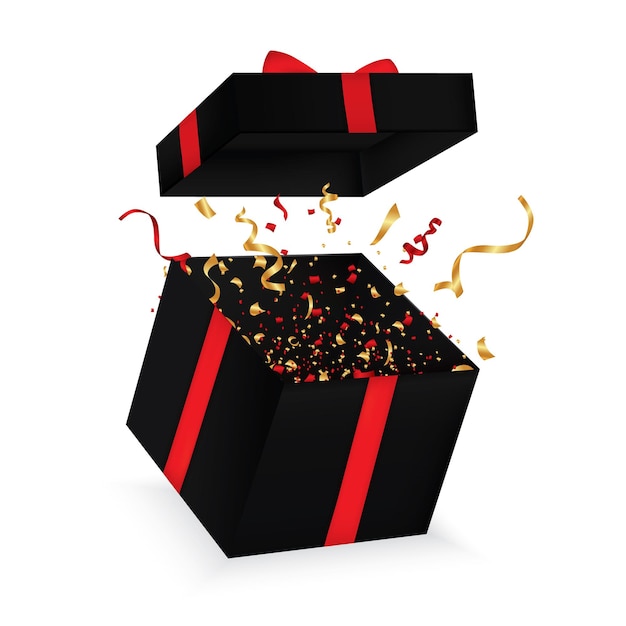 Opened 3d realistic gift box with bow and confetti. Vector illustration. EPS 10