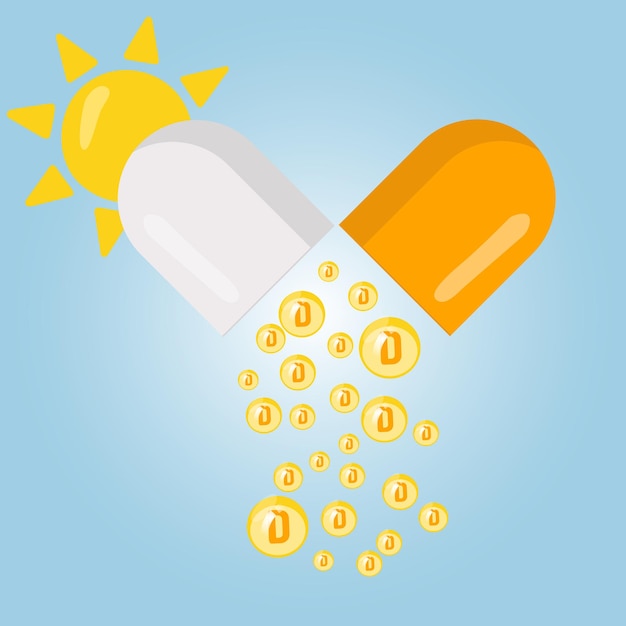 Opened capsule with vitamins D and sun in vector illustration