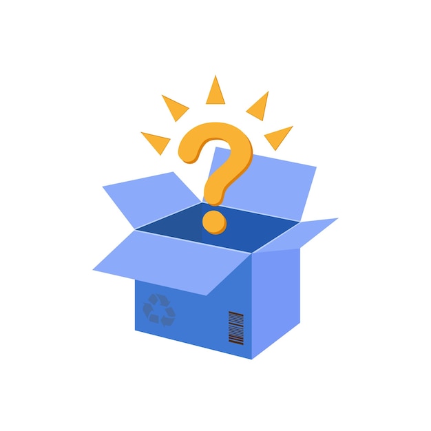 Opened cardboard box with a question. Vector graphics