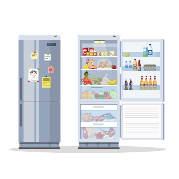 Opened and closed fridge or refrigerator with food. Milk, fruit and vegetable, alcohol inside.    illustration