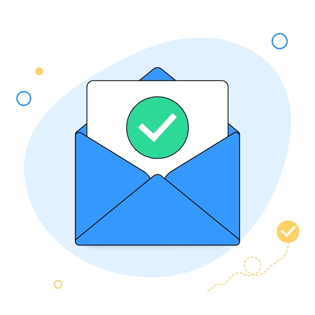 Opened envelope and document with green check mark line icon Official confirmation message mail sent successfully email delivery verification email Flat design Vector