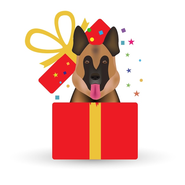 Vector opened gift box and dog  a symbol of the new 2018 isolated on white background vector illustration eps 10