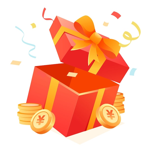 Opened gift box with gold coins and ribbons vector illustration