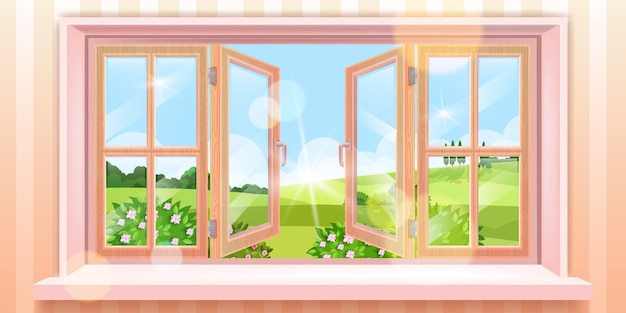 Vector opened house window spring landscape, outside summer view, blossom bushes, blue sky, sun, meadow.