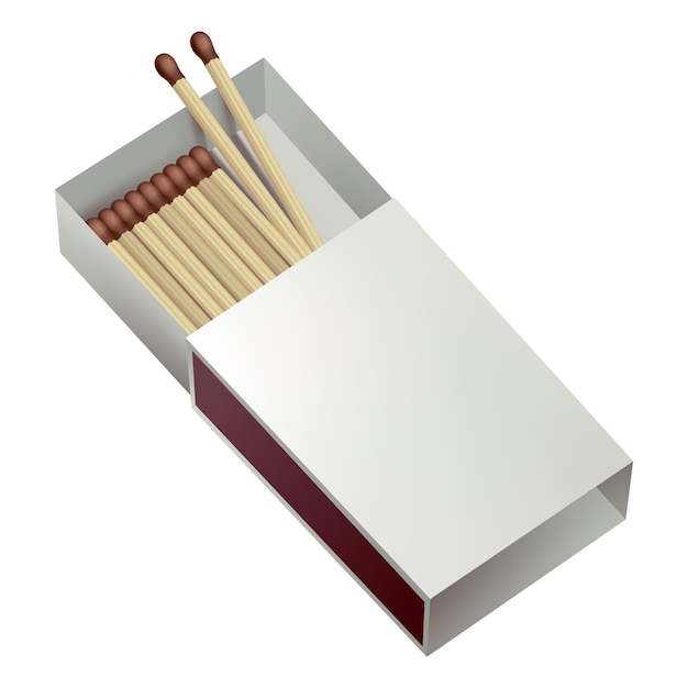 Opened matchbox Sulphur and wooden sticks lying in open case Top view and isometric projection vector illustration isolated on white background