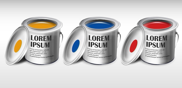 Opened paint cans of different colors and lids Vector illustration