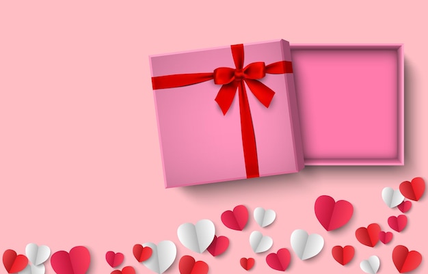 Opened pink gift box with red bow paper heart on pink background