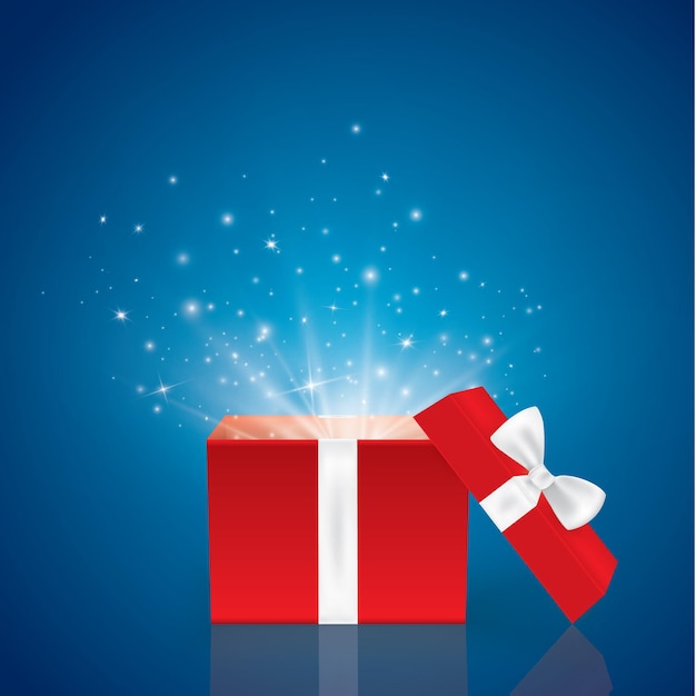 Opened realistic gift box with bow and abstract light. Vector illustration. EPS 10