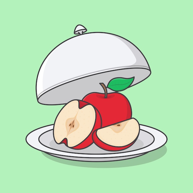 Opened Restaurant Cloche With Apple Cartoon Vector Illustration Fresh Apple Fruit Flat Icon Outline