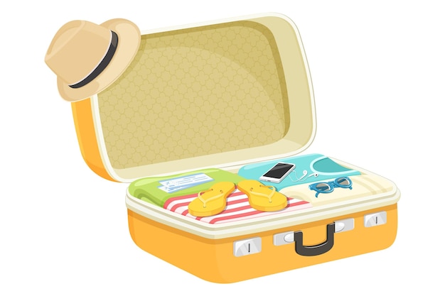 Opened travel suitcase full of things for summer vacation Flat design Vector illustration isolated on white background