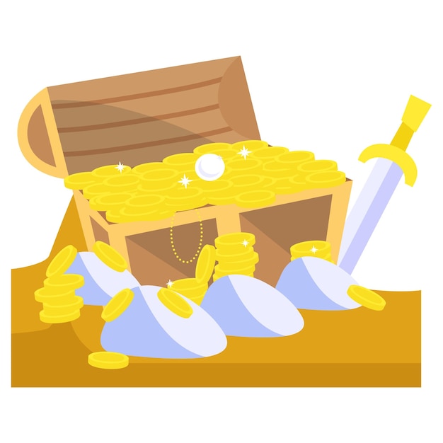 Opened Treasure Chest full with Gold coins and Sword Concept vector color design Deep sea creature