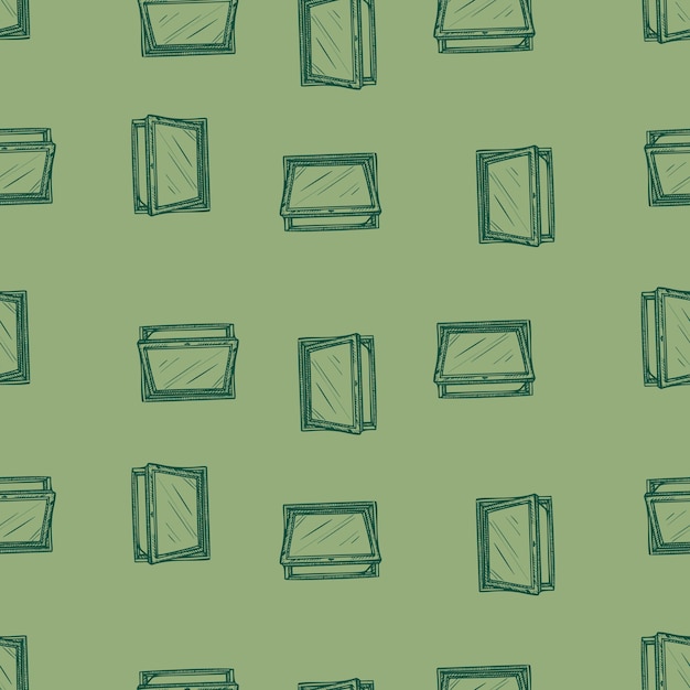 Opened window lean forward seamless pattern Retro element inside wall in hand drawn style