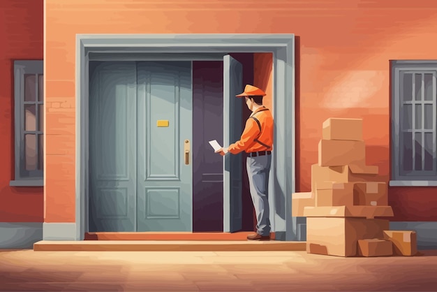 opening the door to a postman handing you a box illustration