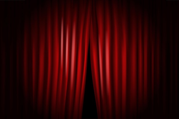 Opening stage curtains with bright projectors. Vector illustration. Standup show template