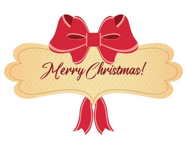 Openwork banner with a congratulatory text Merry Christmas decorated with a red bow. Illustration