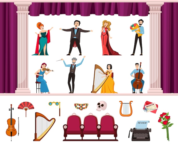 Opera artists classical opera musical instruments singers male and female violinist cellist Vector cartoon characters