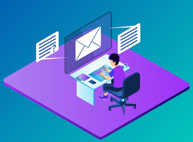 Operating Computer for Accessing Questions and Answers through Email - Isometric Illustration