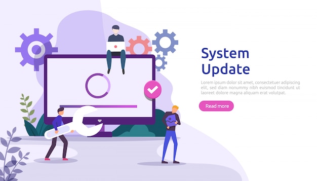 Vector operation system update progress concept. data synchronize process and installation program. illustration web landing page template, banner, presentation, ui, poster, ad, promotion or print media.