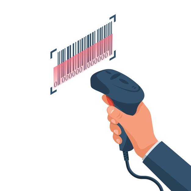 Vector the operator holds a barcode scanner hand vector isometric