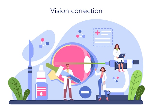 Ophthalmologist concept Idea of eyesight check and treatment Eyesight diagnosis and laser correction Vector illustration in cartoon style