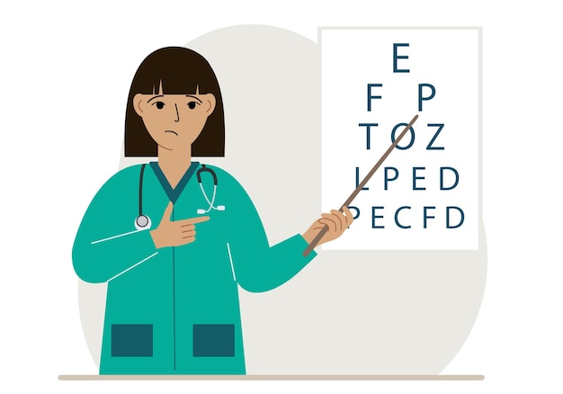 Ophthalmologist near the vision test table Diagnosis and eye examination Optometrist checks eyesight and chooses glasses