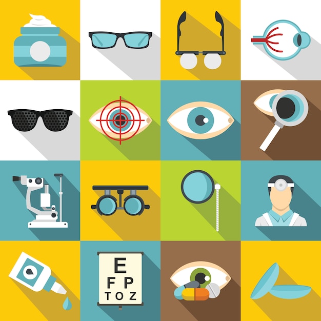 Ophthalmologist tools icons set, flat style