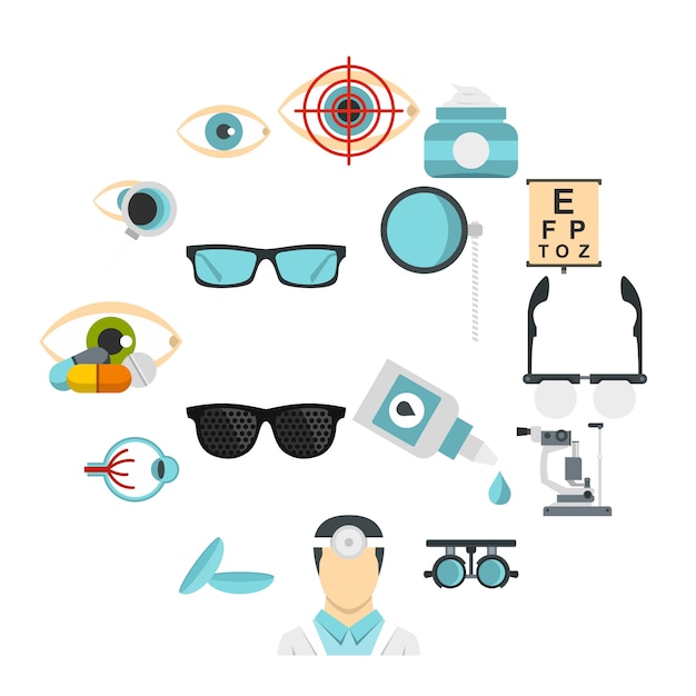 Ophthalmologist tools set flat icons