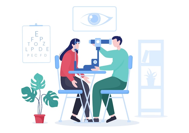 Ophthalmology of Check Patient Sight Optical Eyes Test and Choosing Eyeglasses Lens in Illustration