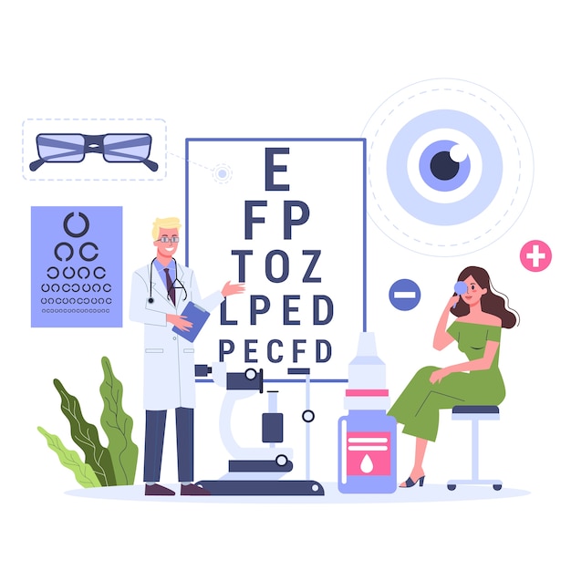 Ophthalmology concept. Female patient on a consultation with ophthalmologist. Oculist pointing at eye test chart. Eyesight examination and correction.  illustration 