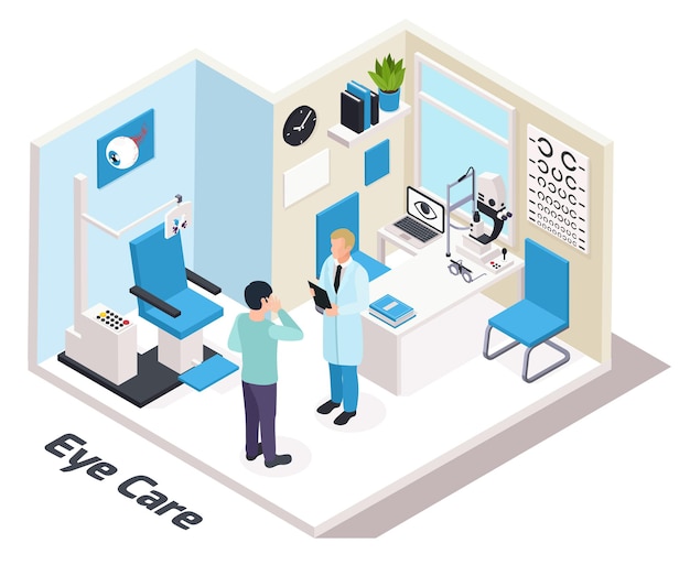 Ophthalmology isometric composition with eye care specialists office illustration