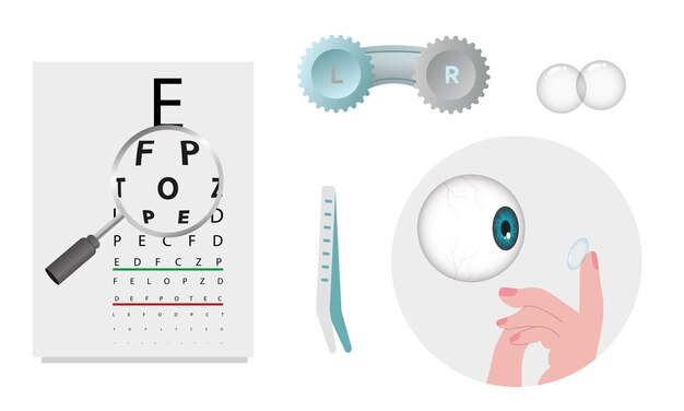 Vector ophthalmology oculist set vision correction eye anatomy with exam table