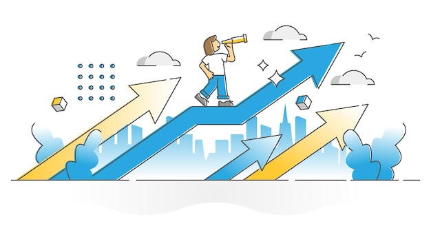 Opportunity seeing as sight in future progress and growth outline concept. Successful female career or business development and improvement with upward forward direction arrow vector illustration.