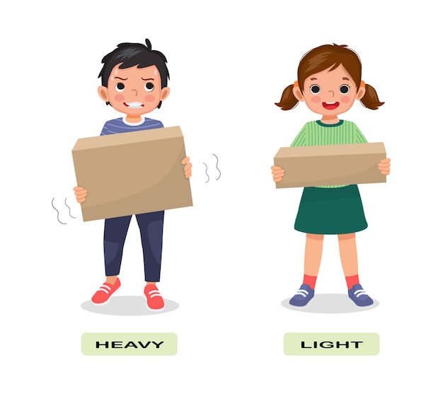 Opposite adjective antonym English words heavy light illustration for kids explanation flashcard