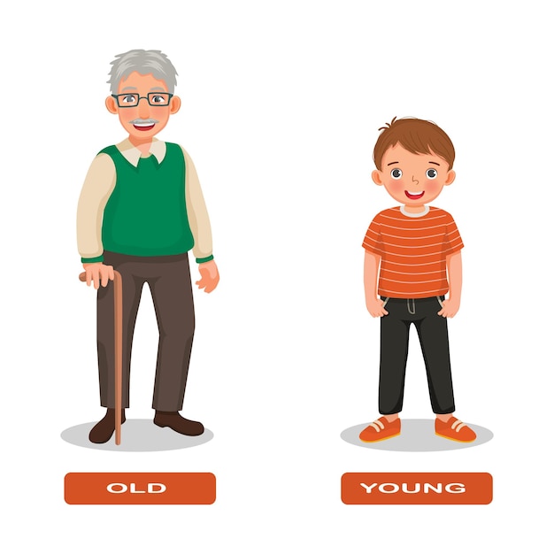 Opposite adjective antonym words old and young illustration of grandpa with little boy