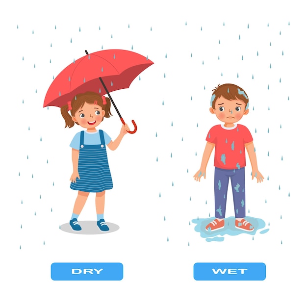 Opposite adjective antonym words wet dry illustration little girl with umbrella and boy under rain