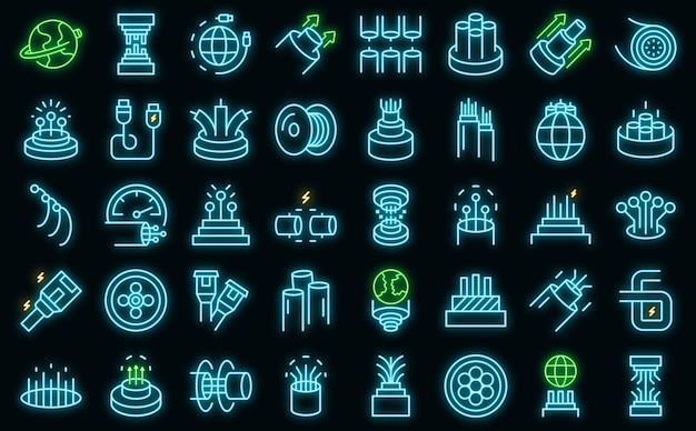 Optic fiber icons set outline vector Cable wire vector neon