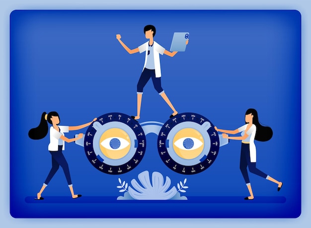 Optical illustration of ophthalmologist checks the patients visual acuity to diagnose and prescribe