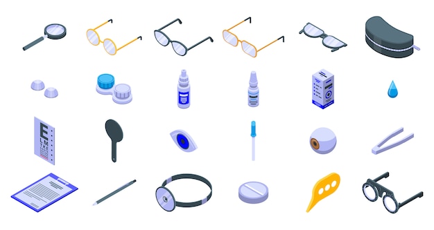 Optician icons set, isometric style