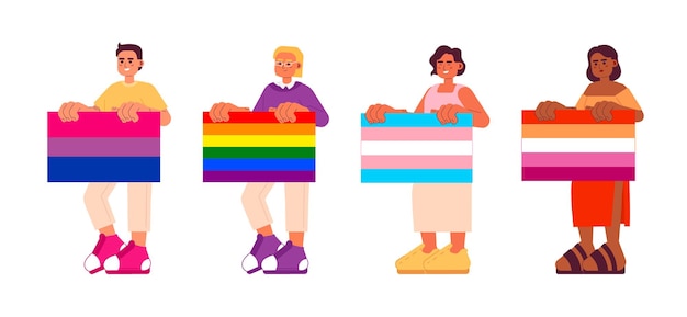 Optimistic lgbt people hold pride flags flat concept vector spot illustrations pack Gender diversity 2D cartoon characters on white for web UI design Isolated editable creative hero images set